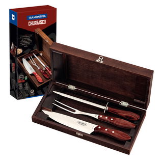 Kit para Churrasco Tramontina em Aço Inox e Cabo de Madeira Vermelho Polywood com Estojo de Madeira 4 Peças