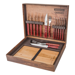 Kit para Churrasco Tramontina com Lâminas em Aço Inox e Cabos em Madeira Polywood Vermelho com Caixa de Papelão 15 Peças