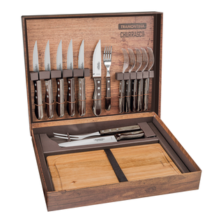 Kit para Churrasco Tramontina com Lâminas em Aço Inox e Cabos em Madeira Polywood Castanho com Caixa de Papelão 15 Peças