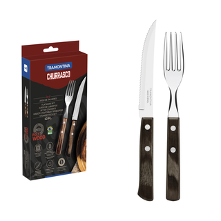 Jogo de Talheres para Churrasco Tramontina em Aço Inox com Cabo Castanho Polywood 12 Peças