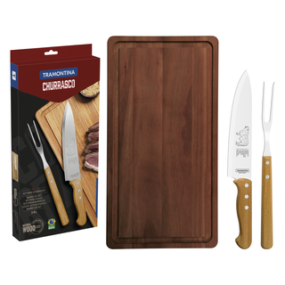 Kit para Churrasco Tramontina com Lâmina em Aço Inox Cabo de Madeira Natural com Tábua de Madeira 3 Peças