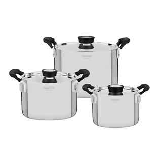 Jogo de Panelas Tramontina Grano Compact em Aço Inox com Corpo Triplo e Alças com Revestimento em Silicone Preto 3 Peças