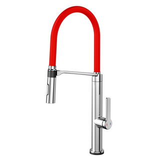 Monocomando de mesa para cozinha Doc Vox cromado com mangueira vermelha
