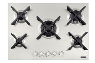 Cooktop a Gás Tramontina Design Collection Penta Inox Flat 5 GX 70 em Aço Inox e Trempes em Ferro Fundido com Acendimento Automático e 5 Queimadores