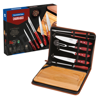 Kit para Churrasco Tramontina com Lâminas em Aço Inox e Cabos de Madeira Polywood Vermelho com Tábua e Estojo 8 Peças