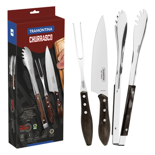 Jogo para Churrasco Tramontina com Lâminas em Aço Inox com Cabo de Madeira Tratada Polywood Castanho 3 Peças